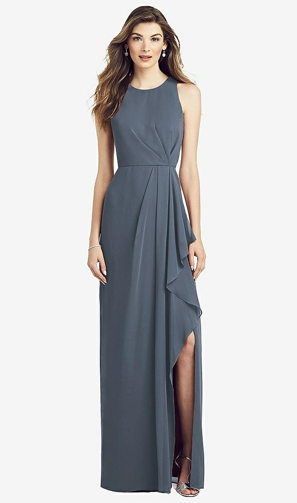 Front View - Silverstone Sleeveless Chiffon Dress with Draped Front Slit