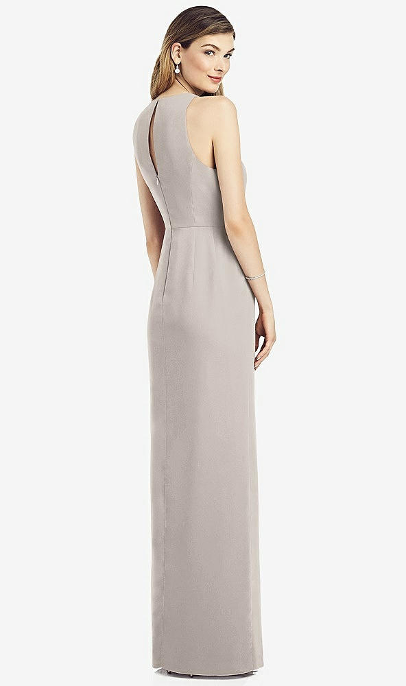 Back View - Taupe Sleeveless Chiffon Dress with Draped Front Slit