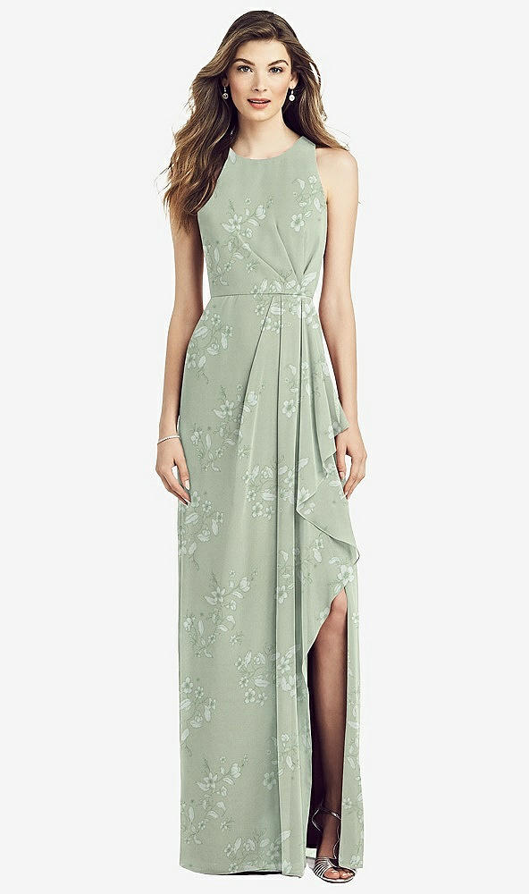 Front View - Vintage Primrose Sage Sleeveless Chiffon Dress with Draped Front Slit