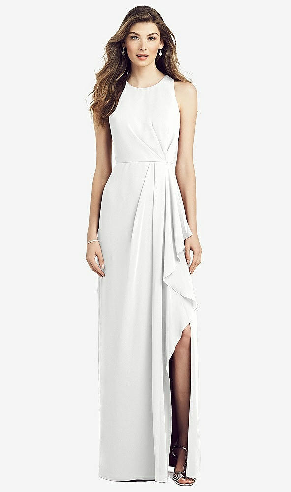 Front View - White Sleeveless Chiffon Dress with Draped Front Slit