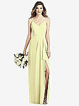 Front View Thumbnail - Butter Yellow Spaghetti Strap Draped Skirt Gown with Front Slit