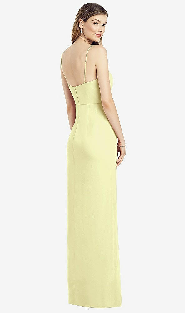 Back View - Butter Yellow Spaghetti Strap Draped Skirt Gown with Front Slit