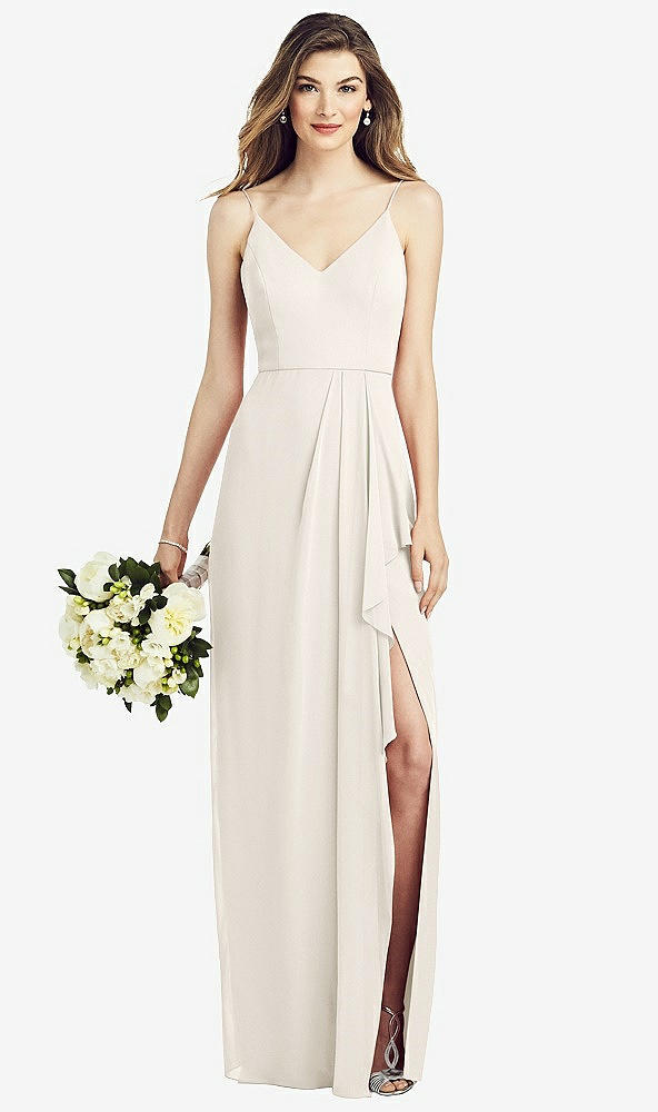 Front View - Ivory Spaghetti Strap Draped Skirt Gown with Front Slit