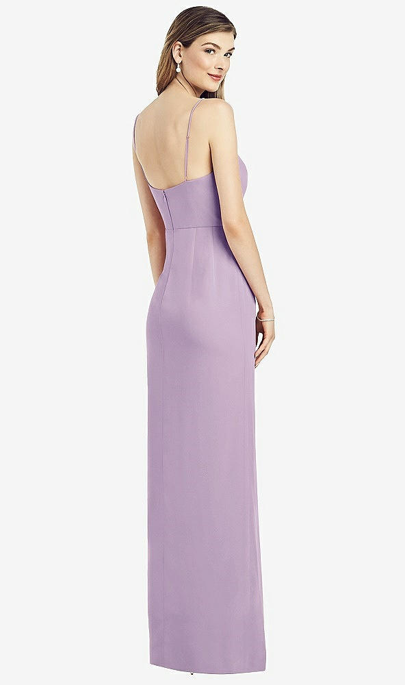 Back View - Pale Purple Spaghetti Strap Draped Skirt Gown with Front Slit