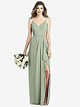 Front View Thumbnail - Sage Spaghetti Strap Draped Skirt Gown with Front Slit