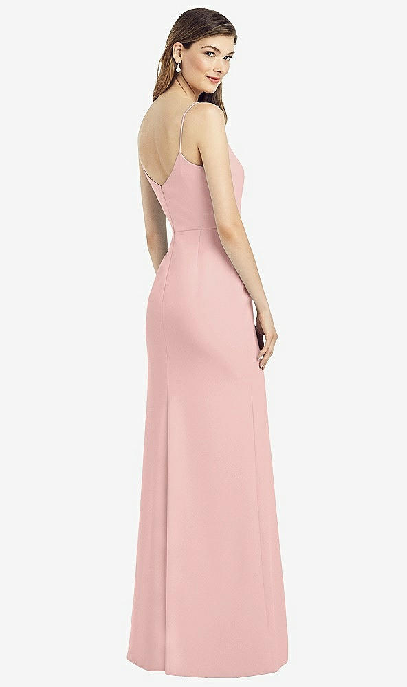 Back View - Rose - PANTONE Rose Quartz Spaghetti Strap V-Back Crepe Gown with Front Slit