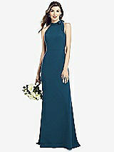 Rear View Thumbnail - Atlantic Blue Bow-Neck Open-Back Trumpet Gown