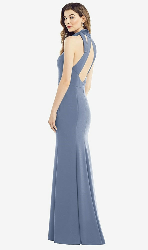 Front View - Larkspur Blue Bow-Neck Open-Back Trumpet Gown