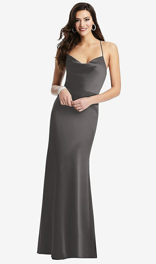 Front View - Caviar Gray Cowl-Neck Criss Cross Back Slip Dress