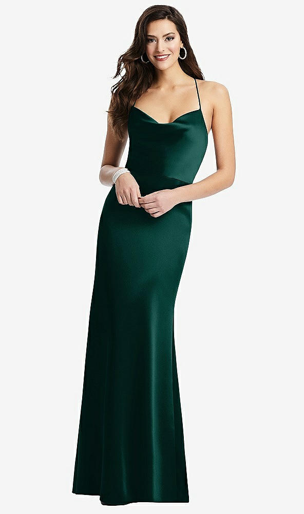 Front View - Evergreen Cowl-Neck Criss Cross Back Slip Dress