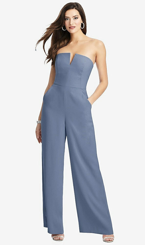 Front View - Larkspur Blue Strapless Notch Crepe Jumpsuit with Pockets