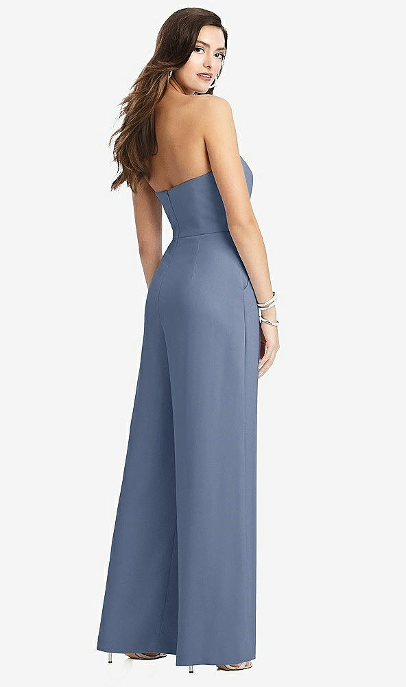 Back View - Larkspur Blue Strapless Notch Crepe Jumpsuit with Pockets