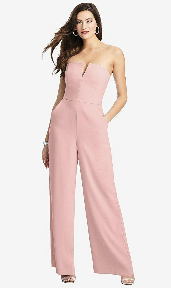 Front View - Rose - PANTONE Rose Quartz Strapless Notch Crepe Jumpsuit with Pockets