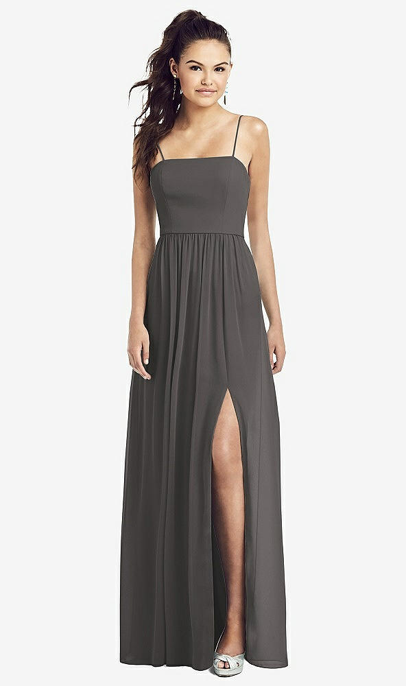 Front View - Caviar Gray Slim Spaghetti Strap Chiffon Dress with Front Slit 