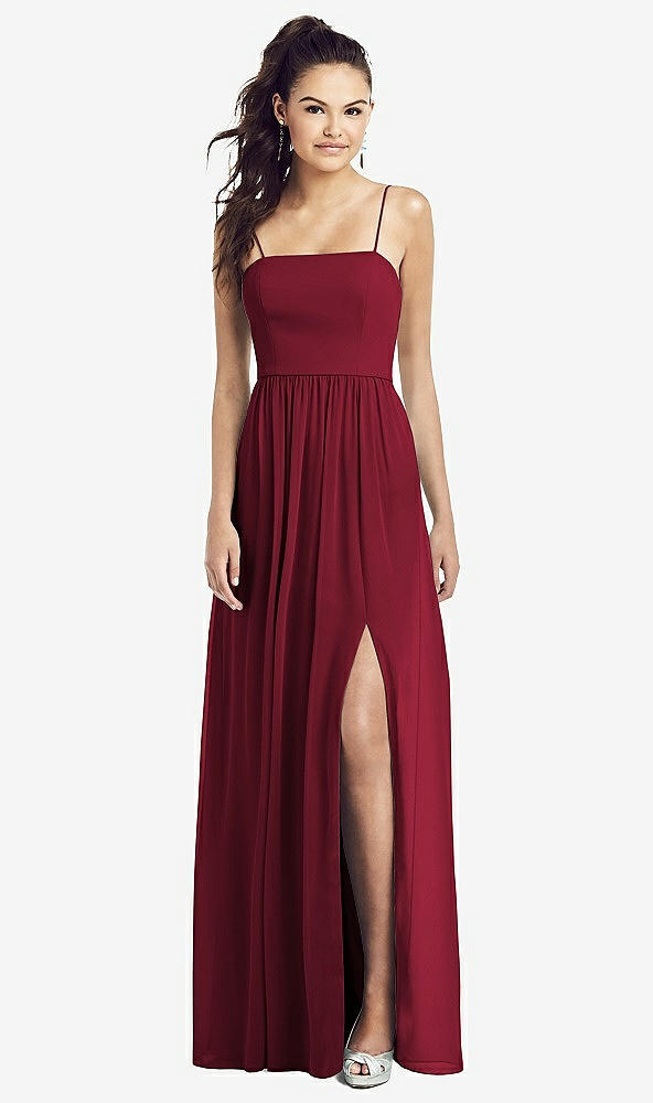 Front View - Burgundy Slim Spaghetti Strap Chiffon Dress with Front Slit 