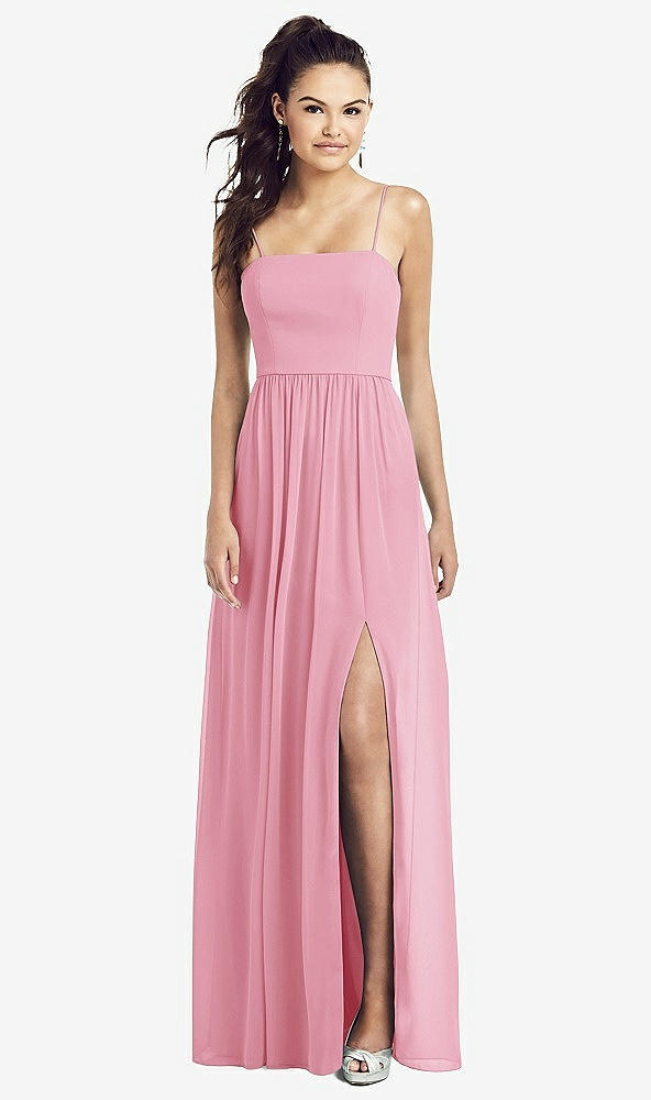 Front View - Peony Pink Slim Spaghetti Strap Chiffon Dress with Front Slit 