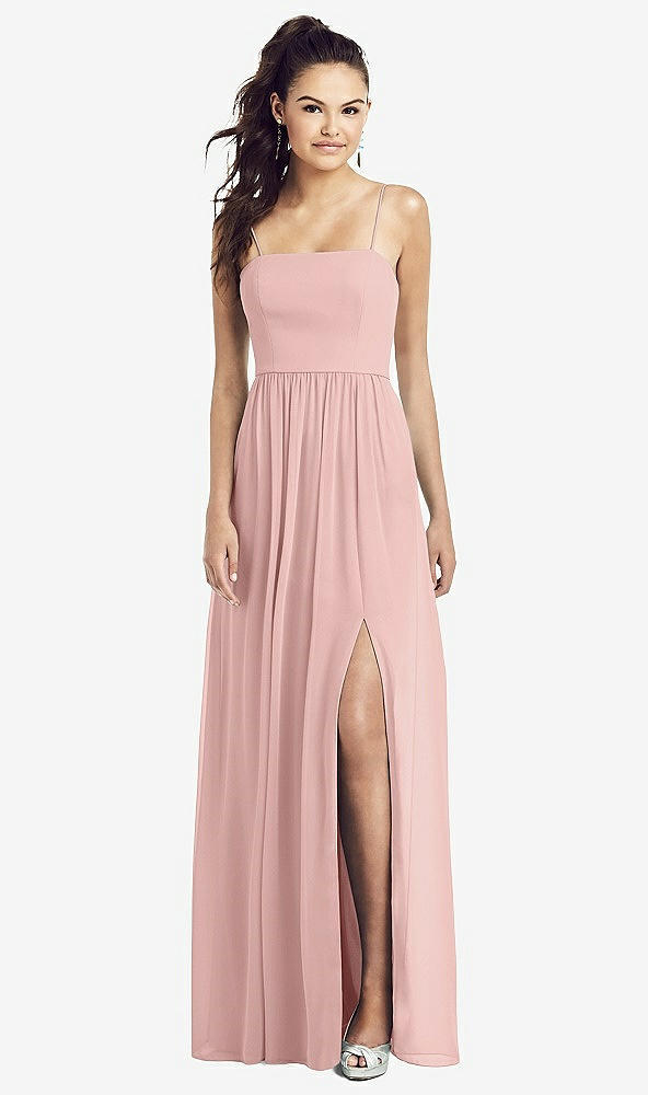 Front View - Rose - PANTONE Rose Quartz Slim Spaghetti Strap Chiffon Dress with Front Slit 