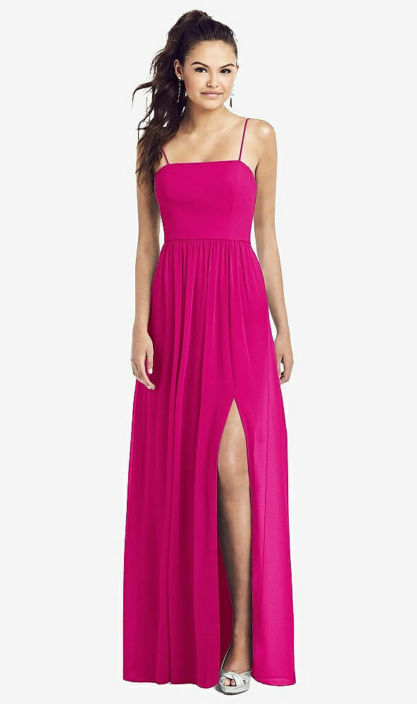 Front View - Think Pink Slim Spaghetti Strap Chiffon Dress with Front Slit 