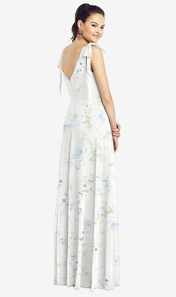 Back View - Bleu Garden Bow-Shoulder V-Back Chiffon Gown with Front Slit