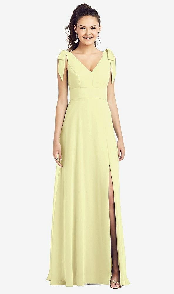 Front View - Butter Yellow Bow-Shoulder V-Back Chiffon Gown with Front Slit