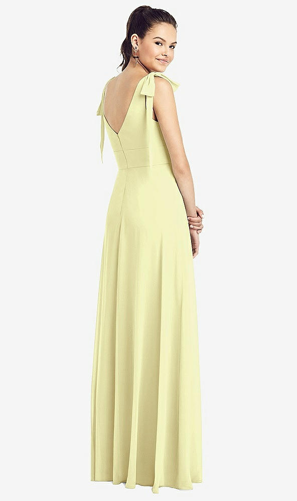 Back View - Butter Yellow Bow-Shoulder V-Back Chiffon Gown with Front Slit