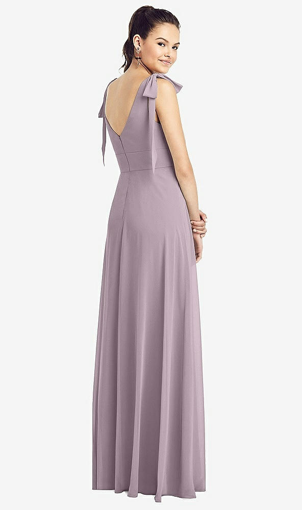 Back View - Lilac Dusk Bow-Shoulder V-Back Chiffon Gown with Front Slit