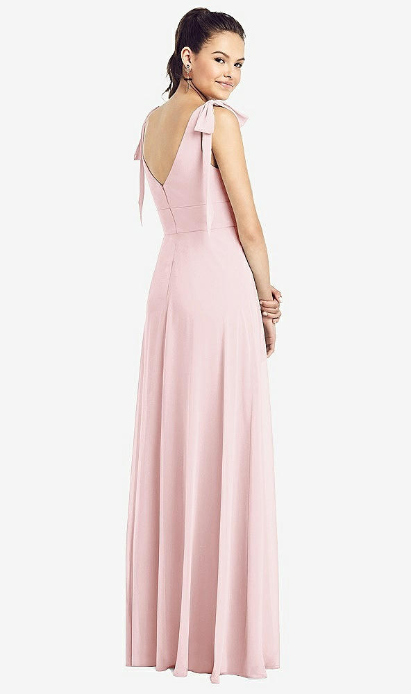 Back View - Ballet Pink Bow-Shoulder V-Back Chiffon Gown with Front Slit