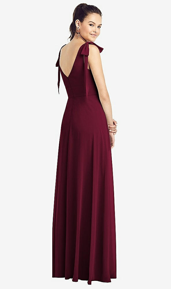 Back View - Cabernet Bow-Shoulder V-Back Chiffon Gown with Front Slit