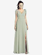 Front View Thumbnail - Celadon Bow-Shoulder V-Back Chiffon Gown with Front Slit