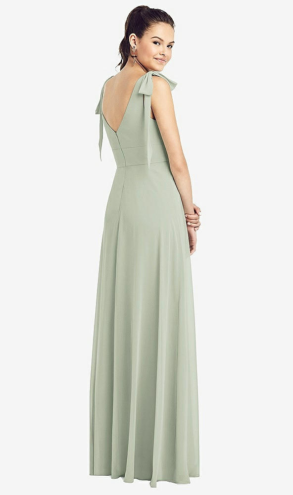 Back View - Celadon Bow-Shoulder V-Back Chiffon Gown with Front Slit