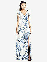 Front View Thumbnail - Cottage Rose Dusk Blue Bow-Shoulder V-Back Chiffon Gown with Front Slit