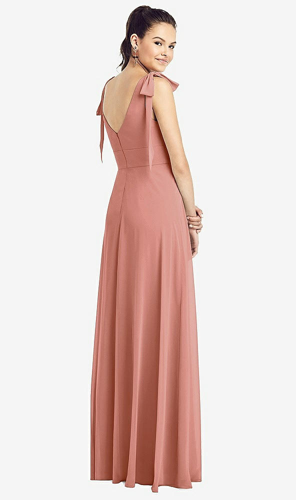 Back View - Desert Rose Bow-Shoulder V-Back Chiffon Gown with Front Slit