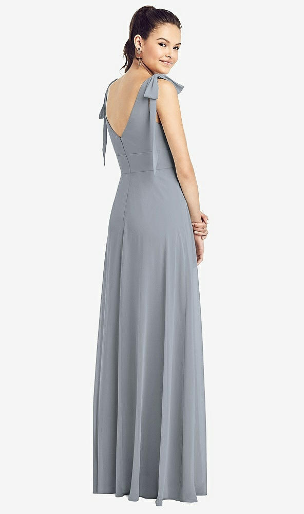 Back View - Platinum Bow-Shoulder V-Back Chiffon Gown with Front Slit