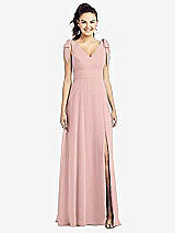 Front View Thumbnail - Rose - PANTONE Rose Quartz Bow-Shoulder V-Back Chiffon Gown with Front Slit