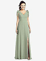 Front View Thumbnail - Sage Bow-Shoulder V-Back Chiffon Gown with Front Slit