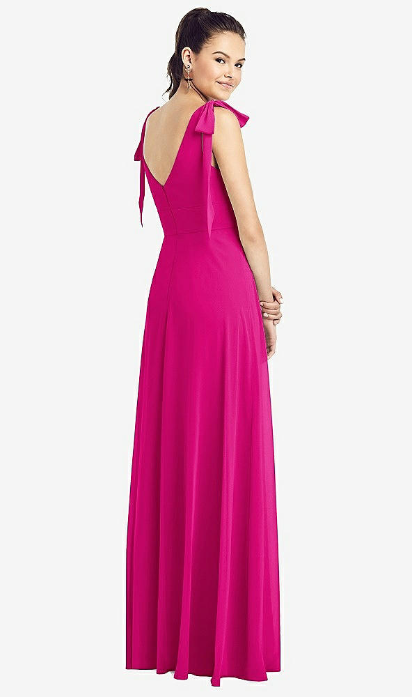 Back View - Think Pink Bow-Shoulder V-Back Chiffon Gown with Front Slit