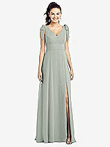 Front View Thumbnail - Willow Green Bow-Shoulder V-Back Chiffon Gown with Front Slit