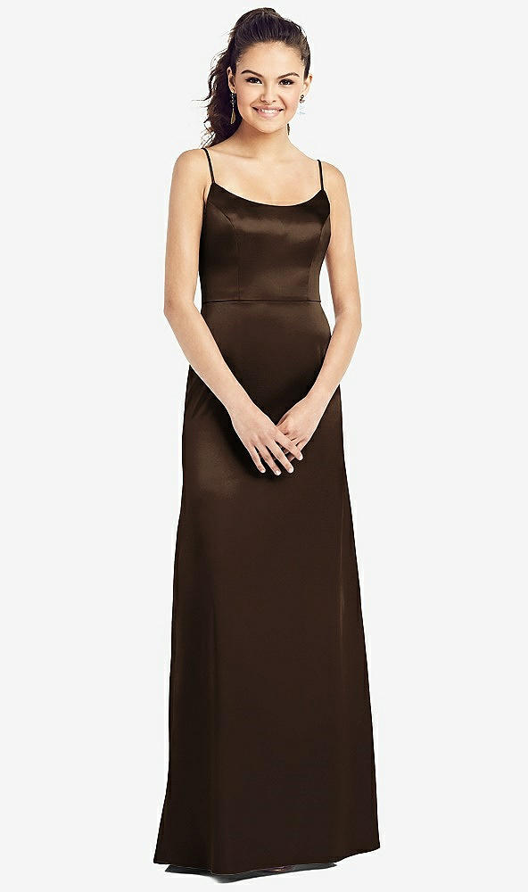 Front View - Espresso Slim Spaghetti Strap V-Back Trumpet Gown