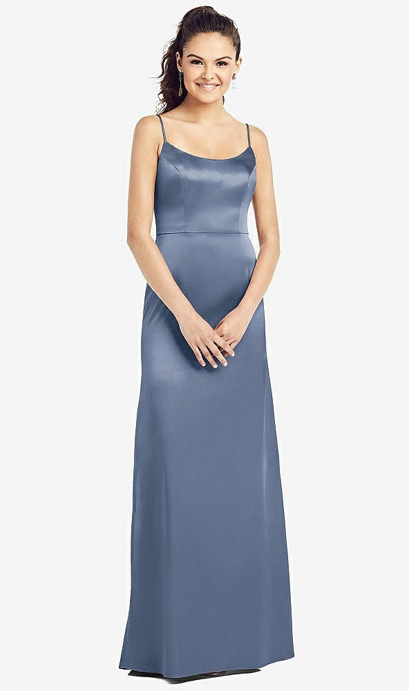 Front View - Larkspur Blue Slim Spaghetti Strap V-Back Trumpet Gown