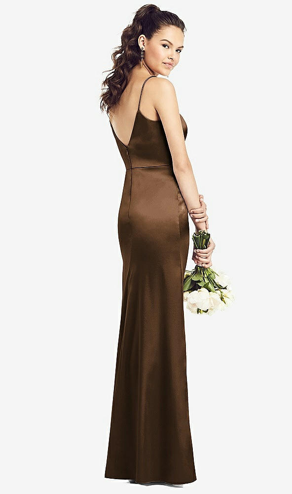 Back View - Latte Slim Spaghetti Strap V-Back Trumpet Gown