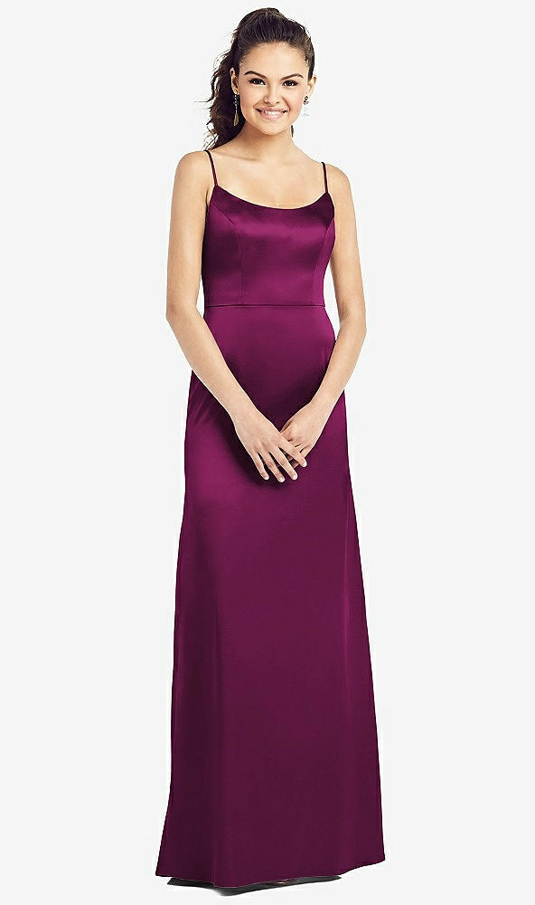 Front View - Merlot Slim Spaghetti Strap V-Back Trumpet Gown