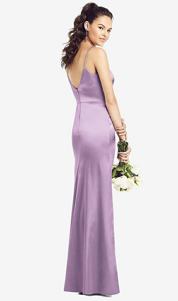 Back View - Wood Violet Slim Spaghetti Strap V-Back Trumpet Gown