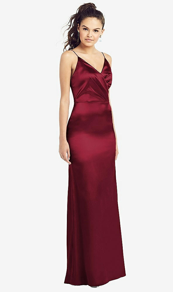 Front View - Burgundy Slim Spaghetti Strap Wrap Bodice Trumpet Gown