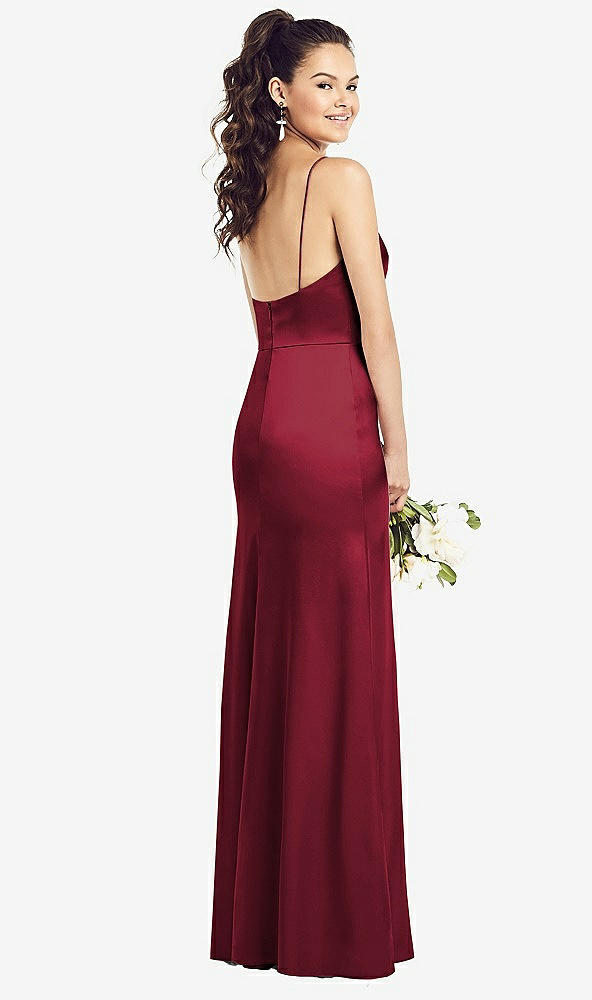 Back View - Burgundy Slim Spaghetti Strap Wrap Bodice Trumpet Gown