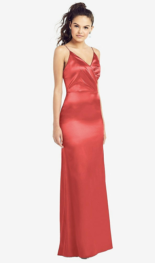 Front View - Perfect Coral Slim Spaghetti Strap Wrap Bodice Trumpet Gown