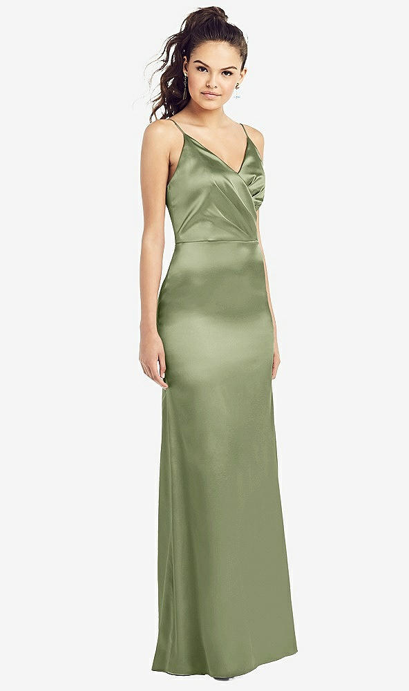 Front View - Kiwi Slim Spaghetti Strap Wrap Bodice Trumpet Gown