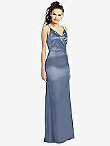 Front View Thumbnail - Larkspur Blue Slim Spaghetti Strap Wrap Bodice Trumpet Gown