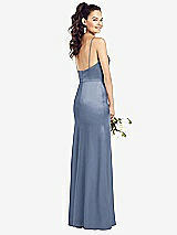 Rear View Thumbnail - Larkspur Blue Slim Spaghetti Strap Wrap Bodice Trumpet Gown