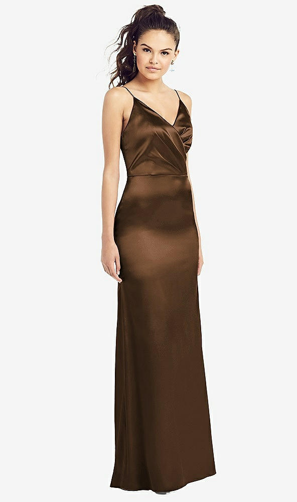 Front View - Latte Slim Spaghetti Strap Wrap Bodice Trumpet Gown