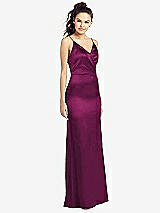 Front View Thumbnail - Merlot Slim Spaghetti Strap Wrap Bodice Trumpet Gown